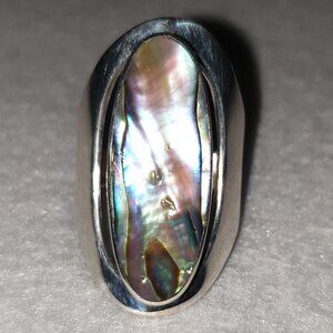 Chunky Vintage 925 Sterling Silver Oval Abalone Shell Inlay Statement Ring